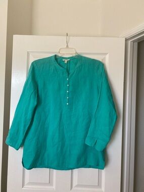 Eileen Fisher size S/P green washable linen Button-Front Linen Tunic Shirt